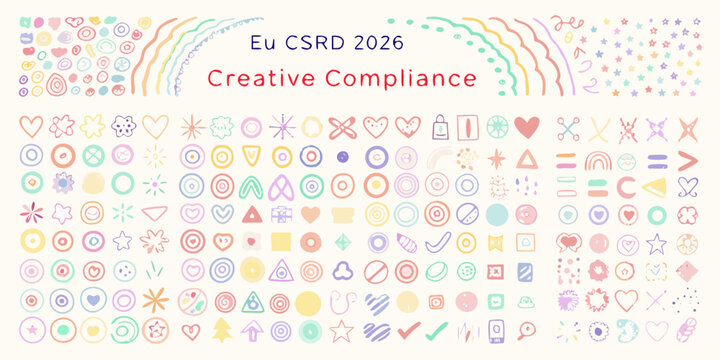 Colorful doodles and icons with eu csrd 2026 and creative compliance text