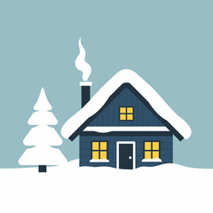 Fototapeta premium A cozy winter cabin covered in snow, with a lit window and a smoking chimney