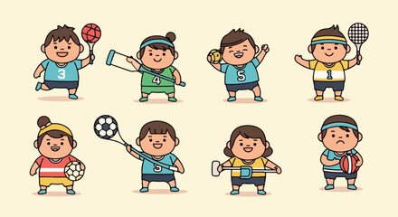 Fototapeta premium Eight charming cartoon children characters engaged in a variety of sports, including tennis, soccer, basketball, and rowing, on a light background.