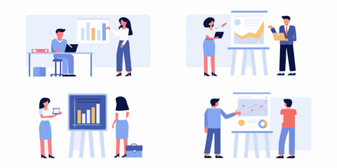 Business professionals collaborating and presenting data in modern office spaces