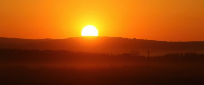 Cross Silhouette at Sunrise Peaceful Easter Morning Landscape Banner