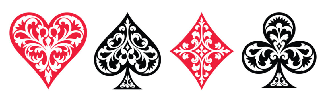 Ornate floral playing card suit symbols featuring heart, spade, diamond and club in red and black decorative artistic design, elegant casino card icons with vintage ornamental style for game graphics 