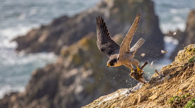 A majestic Peregrine Falcon in a powerful mid-air hunting dive, capturing its prey against the rugged backdrop of a coastal cliff, a dynamic moment of wildlife predation in nature
