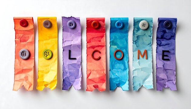 Colorful paper strips spell out "Welcome