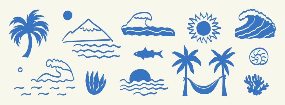 Boho summer set hand-drawn doodle style: palm trees, ocean waves, sun, mountain by the sea,fish, shells,coral, seaweed, hammock, tropical retro prints, summer beach label, naive vignetting vector art.