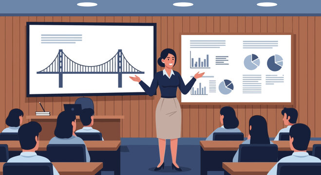Businesswoman presenting data and bridge illustration in a meeting.