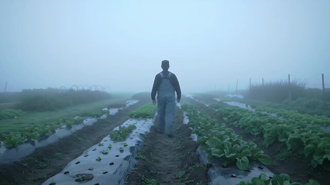 Farmer Walking Through Foggy Agricultural Field at Sunrise Wearing Overalls and Hat