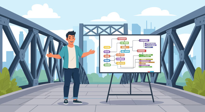 Man presenting a complex flowchart on a whiteboard.
