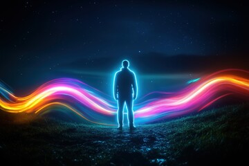 Fototapeta premium Silhouette of a person standing in front of vibrant neon light trails in a dark night landscape