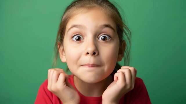 Portr&auml;t eines &uuml;berraschten und schockierten kleinen M&auml;dchens vor einem gr&uuml;nen Hintergrund.