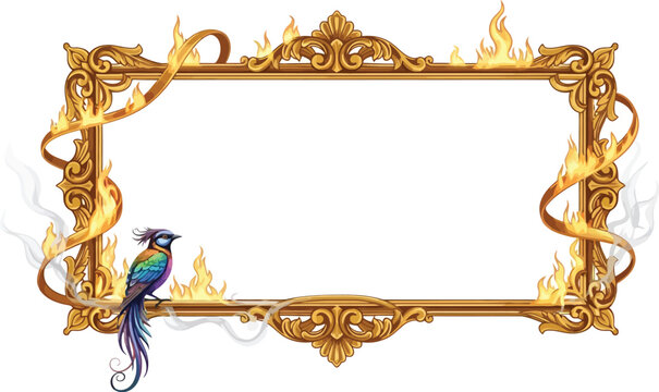A vibrant peacock perches on an ornate golden frame with flames and intricate designs.