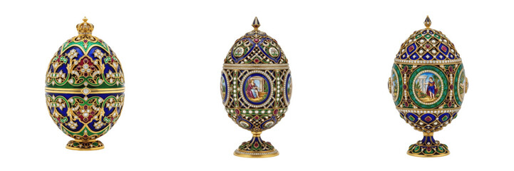 Set of luxury imperial Fabergé style eggs with ornate gold and enamel details isolated on white background, PNG, Oil Paint