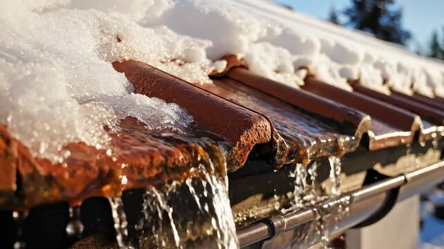 Close-up of melting snow on red terracotta roof tiles during a sunny spring thaw.