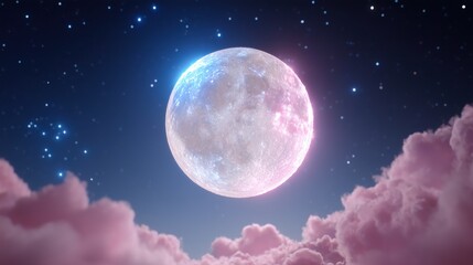 Dreamy Pink and Blue Moonlit Night Sky with Fluffy Clouds and Stars