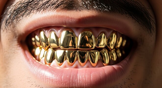 Close-up of open mouth displaying gold teeth grills, emphasizing the shiny details