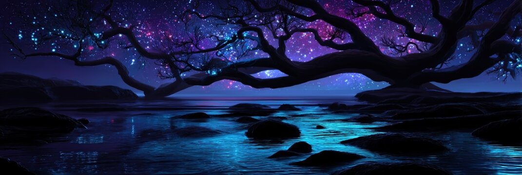 Enchanting fantasy tree with glowing lights under a starry nebula sky over calm water
