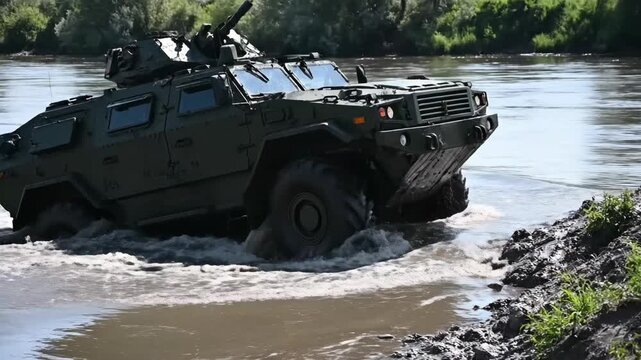 Armored vehicle demonstrating offroad water crossing for capability testing