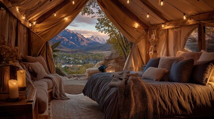 Cozy glamping tent interior with warm lighting overlooks a scenic mountain landscape at sunset.