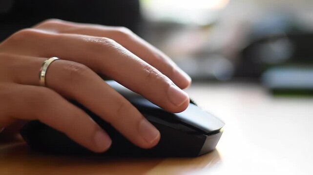 Close-up of a person's hand using a computer mouse on a wooden desk.