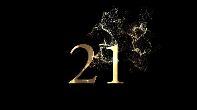 Golden number 21 from particles, numbering, twenty one, golden numbers, alpha channel, numerology, beautiful golden numbers with particles on a transparent background