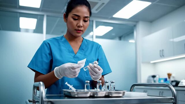 Nurse preparing sterile instruments for clinical procedure