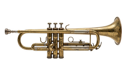 Obraz premium Brass trumpet musical instrument isolated as a jazz band performance element representing classic jazz sound and wind instrument culture on transparent background.