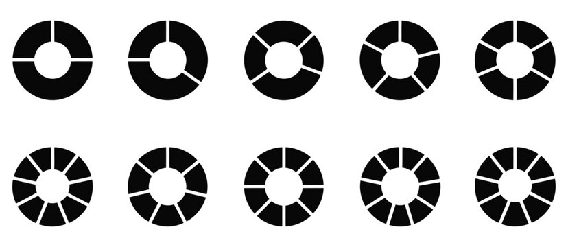Pie chart black icon set, circle section graph infographic wheel segment, segmented round diagram divided into one two three four five six seven eight nine ten parts, simple minimal data visualization