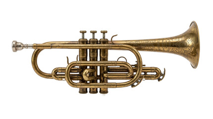 Fototapeta premium Classic brass trumpet instrument isolated as a musical equipment element used in jazz band performance and orchestral sound composition on transparent background.