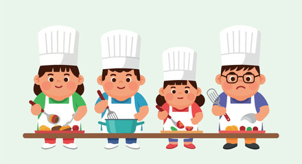Four diverse children wearing chef hats and aprons, actively engaged in a cooking class, preparing food with various utensils and ingredients.