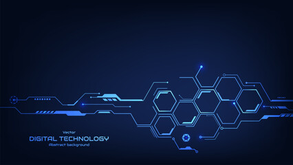 High-tech hexagon geometric connection system. Abstract circuit board technology processing business background. Innovation future tech medical and healthcare. Vector illustration.