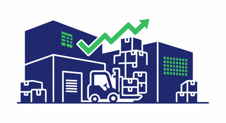 Warehouse with a forklift carrying boxes, and an upward-trending arrow, representing growth and development. The scene depicts a busy warehouse environment, where goods are being moved