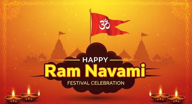 Happy Ram Navami Indian traditional festival background with flag