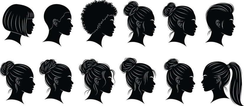 Collection of female head profile silhouettes with various hairstyles including afro bun ponytail bob and undercut isolated on white background