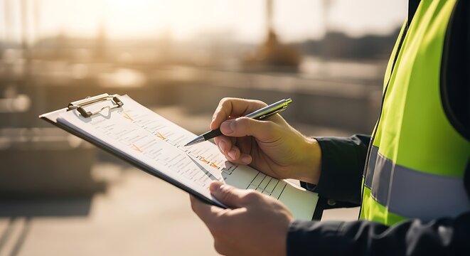 Close-up of worker, yellow vest, writing on clipboard, inspecting construction site