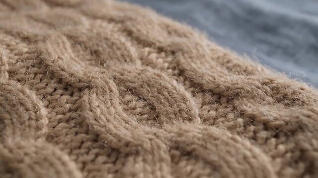 Closeup of a textured knitted fabric with a cable knit pattern.