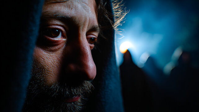 Judas Iscariot betrays Jesus in the Garden of Gethsemane.