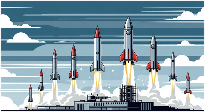 Multiple Rockets Launching from a Spaceport in a Retro Style.
