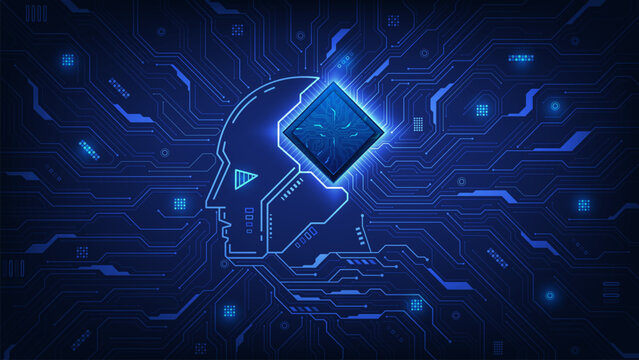 Artificial intelligence brain robot head chipset on a circuit board background. AI with a digital brain. Artificial neural network. Futuristic technology background. Vector illustration.
