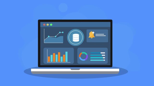 Animated laptop displaying data analytics dashboard with charts, graphs, profile panel, and notification bell icon. Concept of business monitoring, digital analytics, alert system, and performance tra