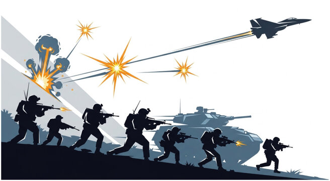 Silhouetted Soldiers in Combat with Tank and Jet Support.