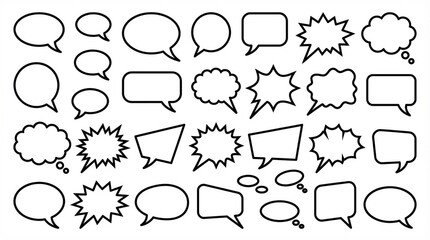 Fototapeta premium A collection of black outline speech and thought bubbles in various shapes and sizes.