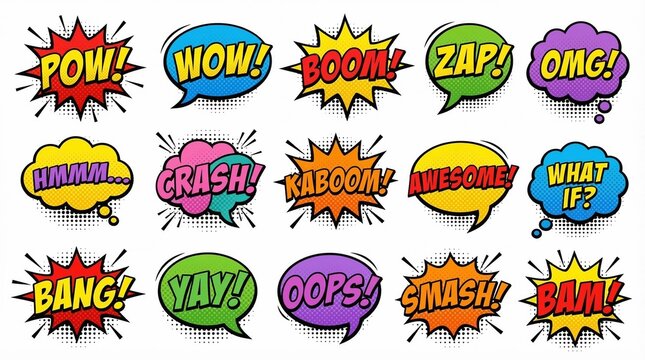 A vibrant collection of comic book style speech bubbles featuring various exclamations and dynamic sound effects.