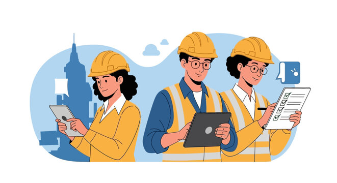 Three construction workers with digital devices and checklist