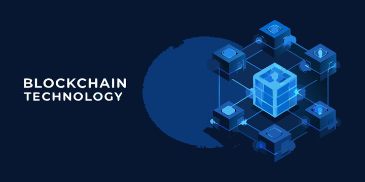 Blockchain technology concept with interconnected isometric blue cube network