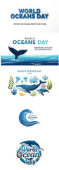 Naklejka premium A collection of logos for world ocean day with various sea creatures and environmental themes.