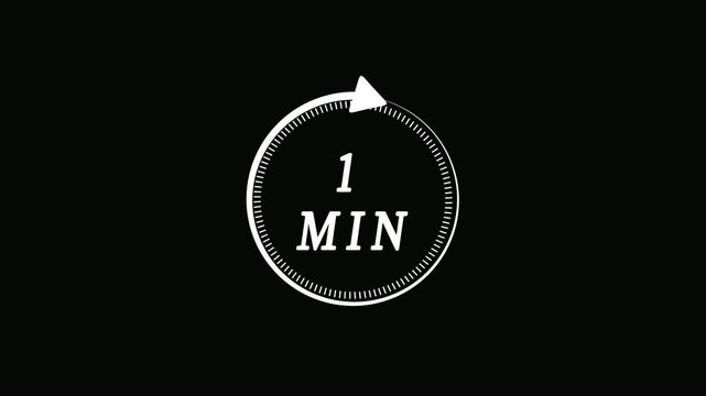 White color circle arrow refresh icon and 1 min timer icon animation. 1 min time circle icon. Animation timer icon with 1 min. Clock, stopwatch, cooking time label , arrow.4k video ..