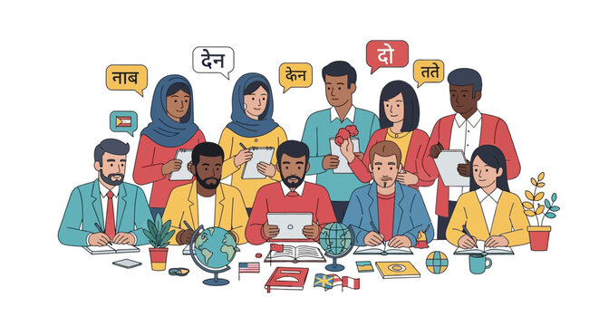 Diverse group of people learning languages together in a classroom setting with speech bubbles