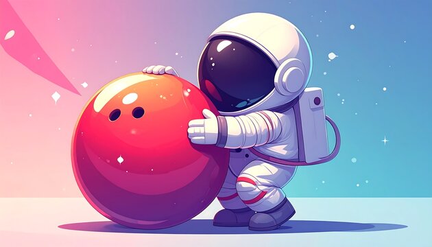 Cute astronaut holding a bowling ball in space