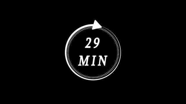 White color circle arrow refresh icon and 29 min timer icon animation. 29 min time circle icon. Animation timer icon with 29 min. Clock, stopwatch, cooking time label , arrow.4k video ..