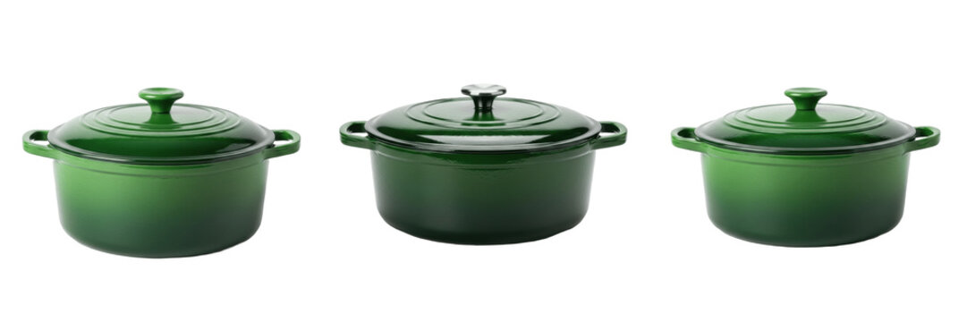 Set of green ceramic dutch oven cooking pot collection transparent background png